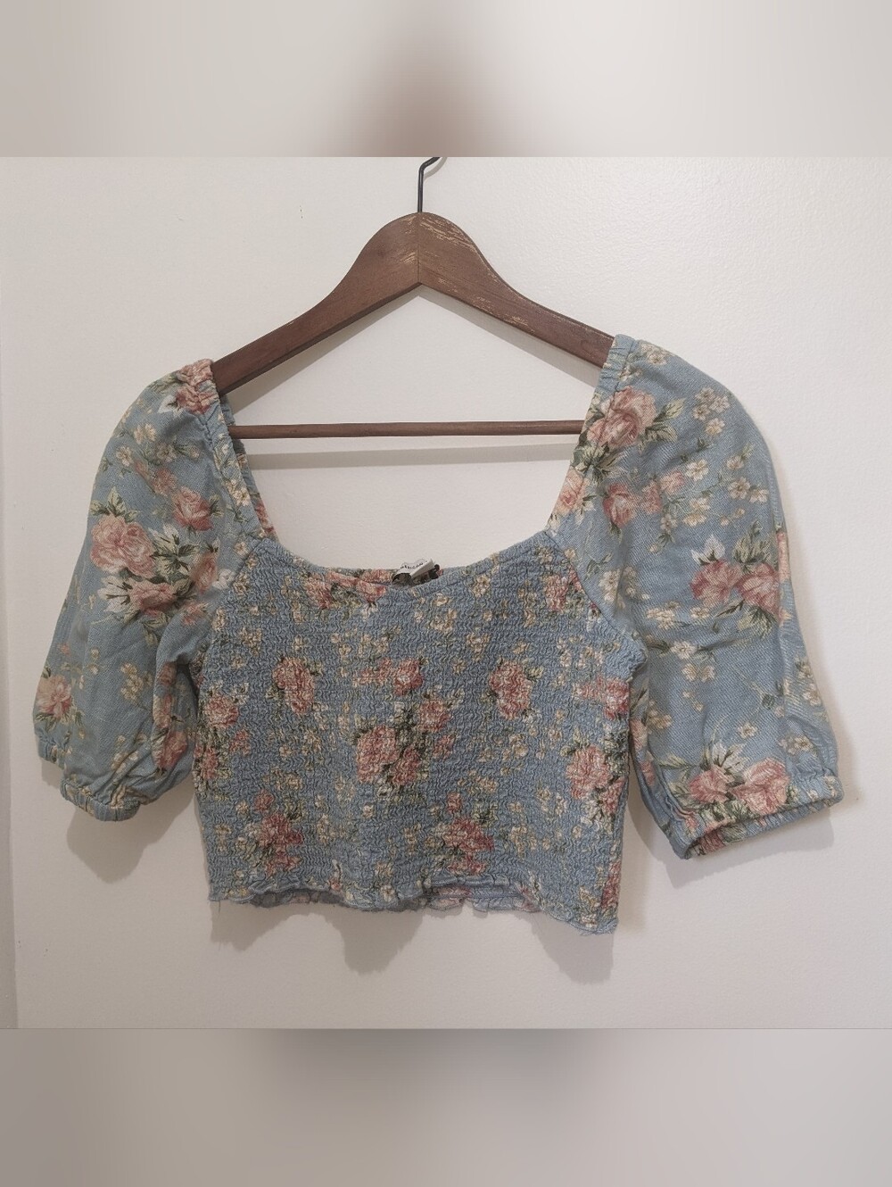 American Eagle Cotton Linen Blend Crop Top W/Floral Print & Puff Sleeves Size S
